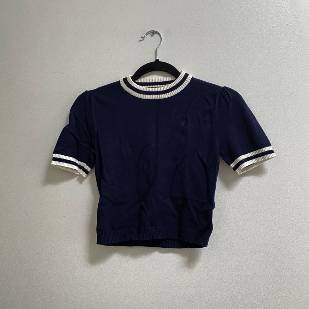 Forever 21 Varsity Puff Sleeve Fine Knit Crop Tee S